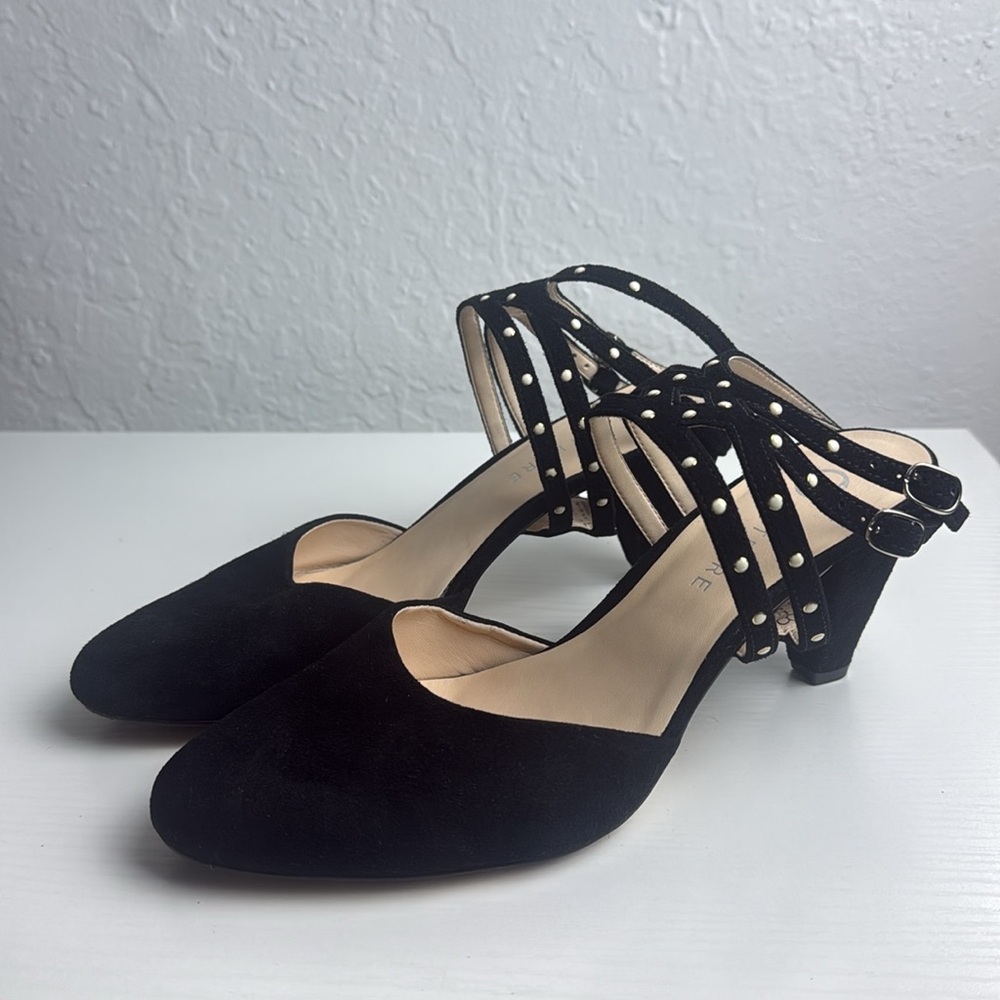 Alterre Black Suede Mule with Black Suede Studded Straps Size 9W